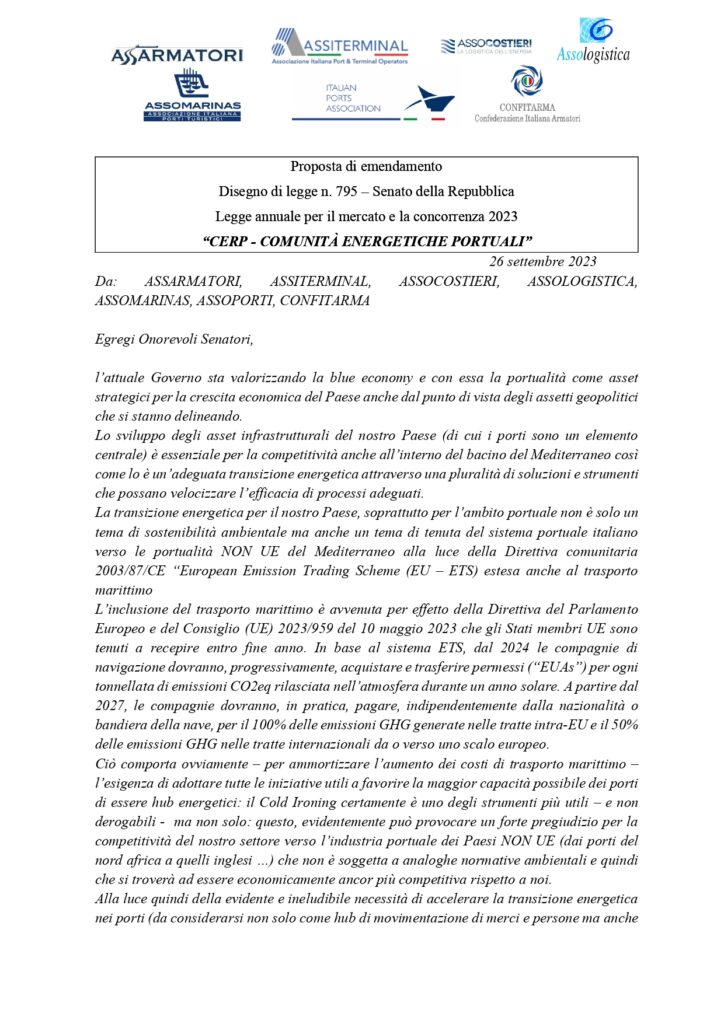 PROPOSTA CONDIVISA ASSOCIAZIONI BLUE ECONOMY Cold Ironing e CERP DDL 795 Legge annuale concorrenza DEF page 0001 Legge per mercato e concorrenza 2023, proposta emendativa delle associazioni della blue economy