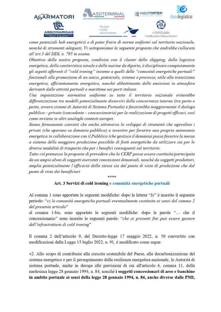PROPOSTA CONDIVISA ASSOCIAZIONI BLUE ECONOMY Cold Ironing e CERP DDL 795 Legge annuale concorrenza DEF page 0002 Legge per mercato e concorrenza 2023, proposta emendativa delle associazioni della blue economy