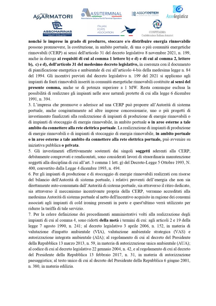 PROPOSTA CONDIVISA ASSOCIAZIONI BLUE ECONOMY Cold Ironing e CERP DDL 795 Legge annuale concorrenza DEF page 0003 Legge per mercato e concorrenza 2023, proposta emendativa delle associazioni della blue economy