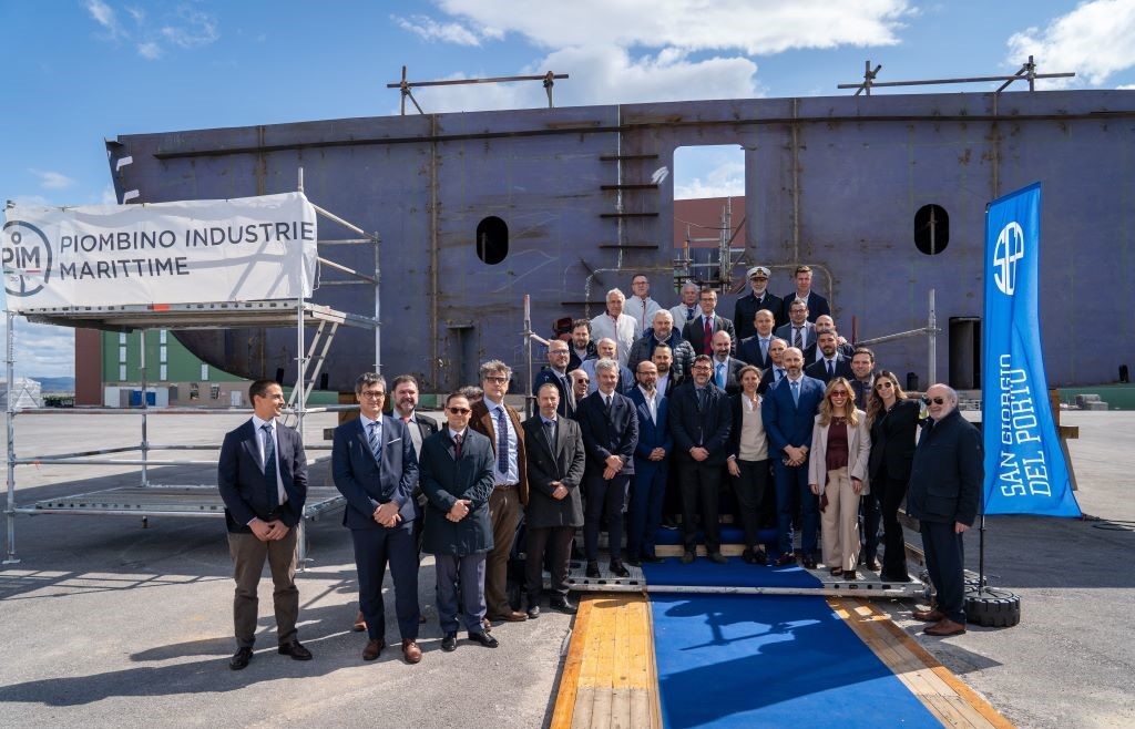 PIOMBINO CERIMONIA PIM Piombino Industrie Marittime, cerimonia di posa della chiglia e delle monete del traghetto SG120